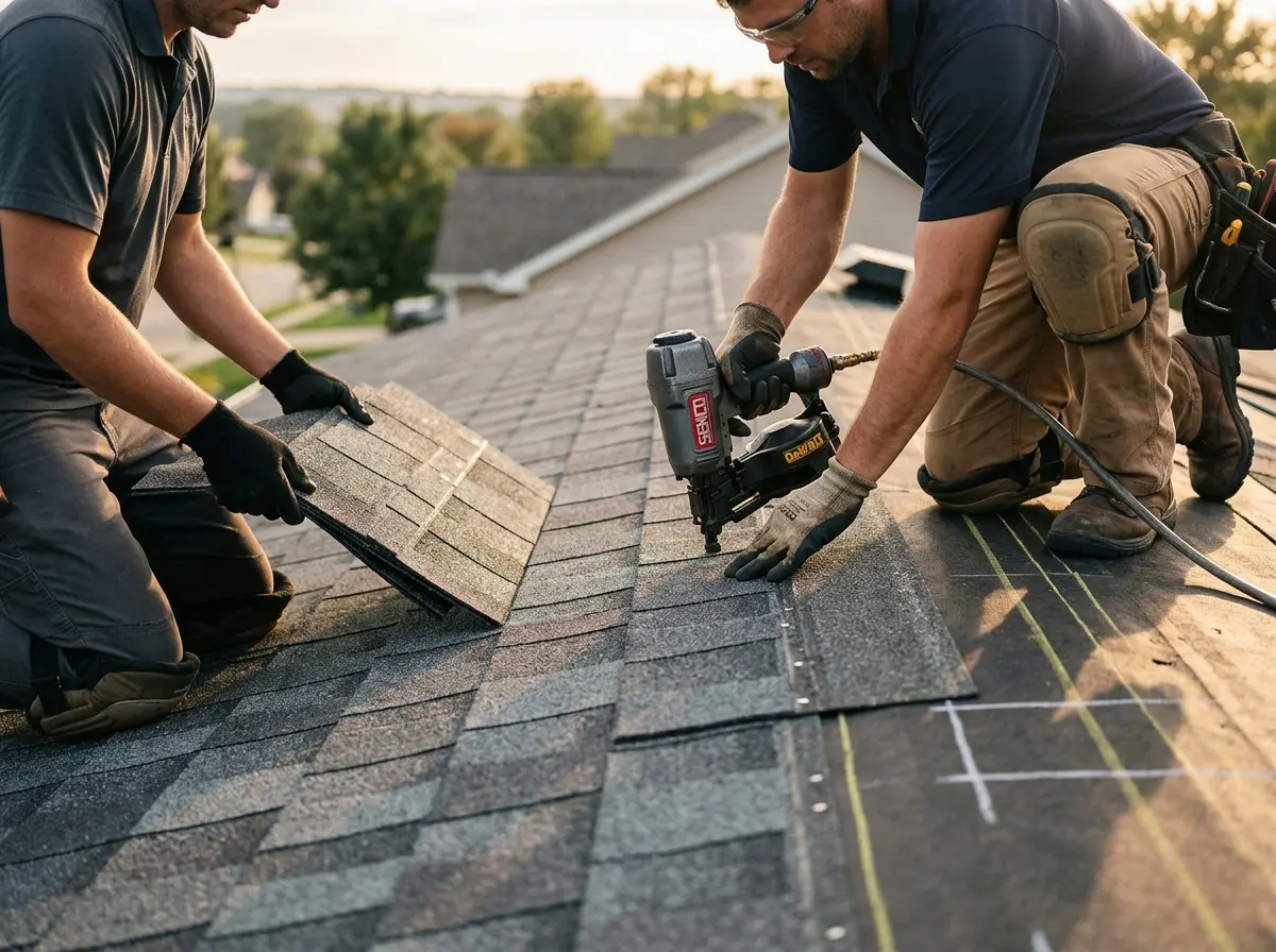 Professional roofer working on a residential roof in Francisville